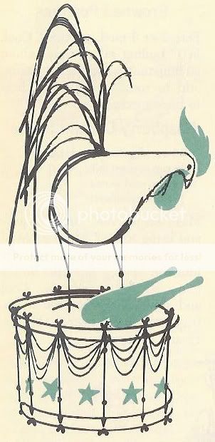 Charley Harper illustration of a chicken on a drum