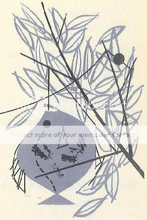Charley Harper illustration of a fish with a tangled fishing line in its mouth