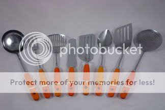 set of orange vintage kitchen utensils
